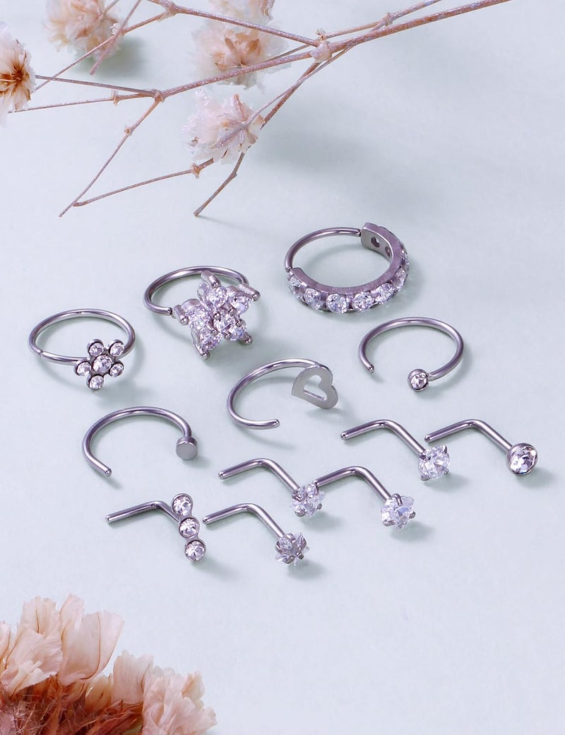 Ftovosyo 20G Surgical Steel Nose Rings Hoop for Women Men, Paved CZ Flower Piercing Jewelry L Shaped Nose Ring Stud Set - Image 3