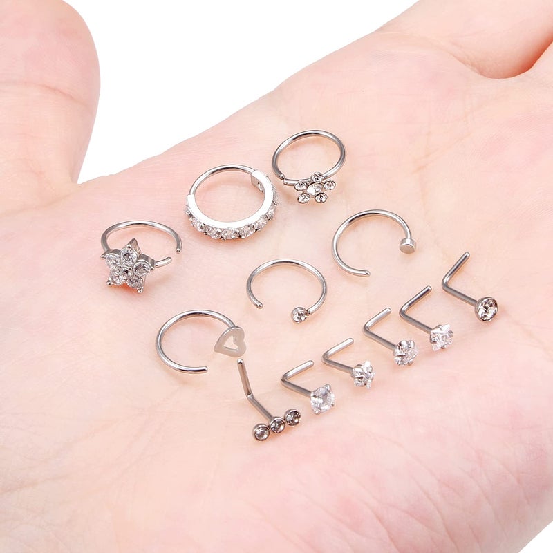Ftovosyo 20G Surgical Steel Nose Rings Hoop for Women Men, Paved CZ Flower Piercing Jewelry L Shaped Nose Ring Stud Set - Image 5