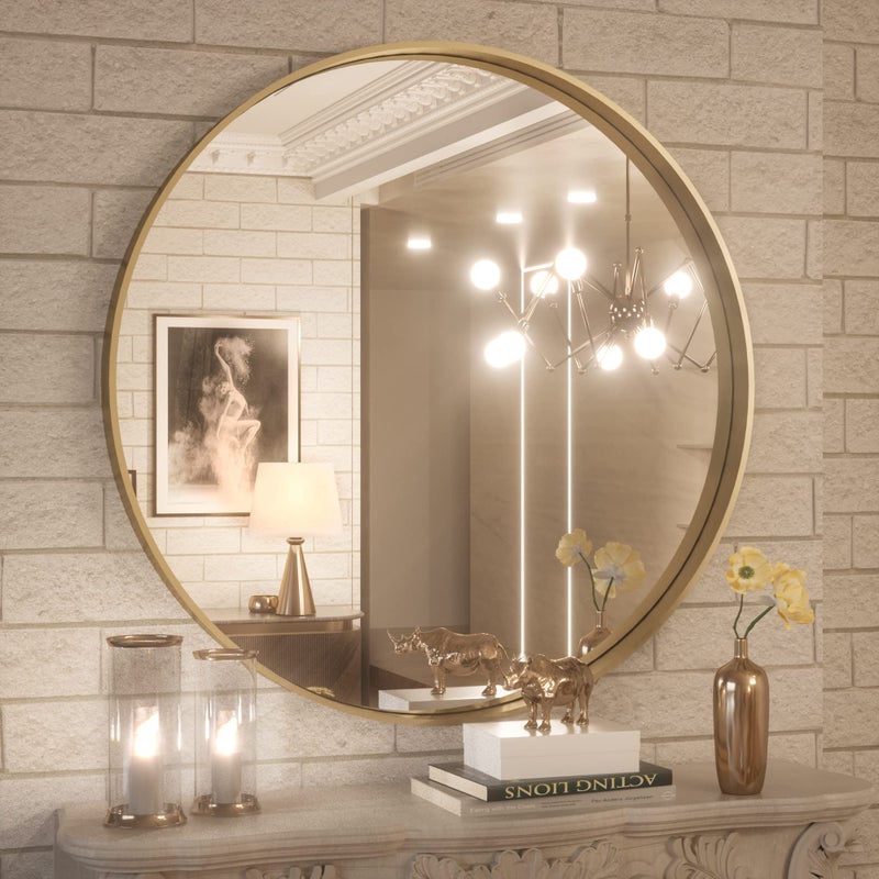 TokeShimi Brushed Gold Round Mirror 30 Inch Gold Round Vanity Bathroom Mirror for Wall Aluminum Alloy Matte Metal Frame Modern Gold Circle Mirror Fit in Minimalist Multi Style Home Decor - Image 1