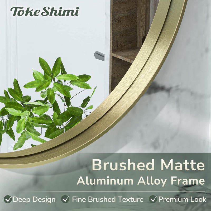 TokeShimi Brushed Gold Round Mirror 30 Inch Gold Round Vanity Bathroom Mirror for Wall Aluminum Alloy Matte Metal Frame Modern Gold Circle Mirror Fit in Minimalist Multi Style Home Decor - Image 3