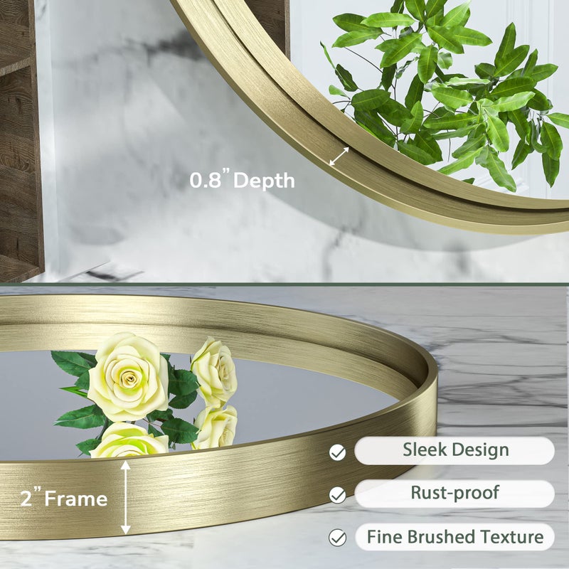 TokeShimi Brushed Gold Round Mirror 30 Inch Gold Round Vanity Bathroom Mirror for Wall Aluminum Alloy Matte Metal Frame Modern Gold Circle Mirror Fit in Minimalist Multi Style Home Decor - Image 4
