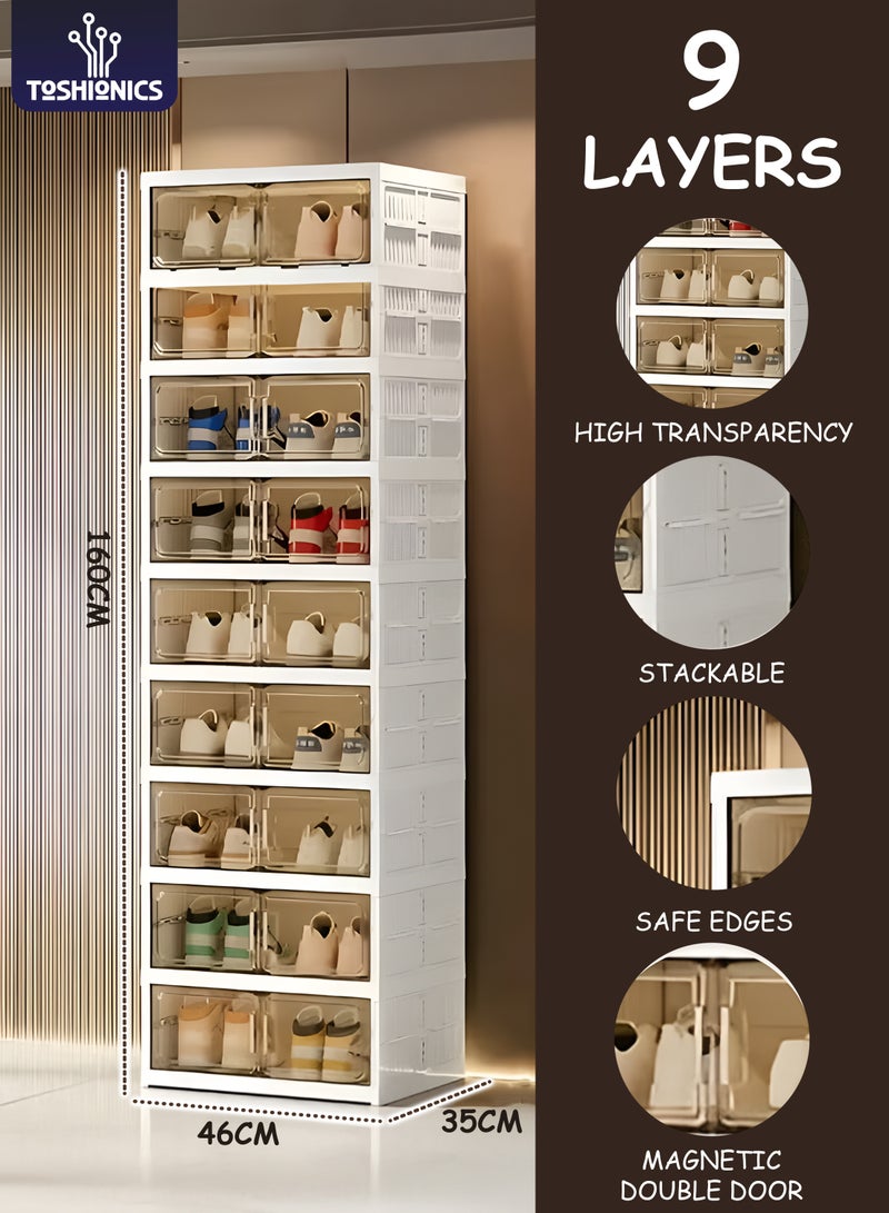 Toshionics 9 Tier Stackable Shoe Organizer - 46L x 35W x 160H cm with Transparent Magnetic Double Door Panel Durable Plastic Shoe Cabinet Space Saving Shoe Rack Multifunctional Storage Cabinet Easy to Assemble Versatile Rectangular Design Ideal for Sneakers and Boots Perfect for Living Room or Entryway Decor Shoe Storage Organizer Foldable Tall Shoe Shelf Collapsible Lightweight Shoe Stand Closet - Image 1