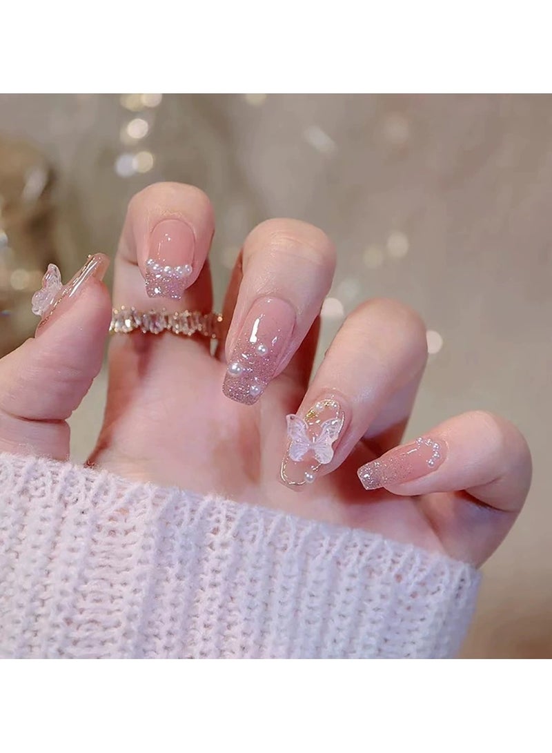 Goolsky Luxury Ice Crystal Butterfly Press On Nails Short Handmade Removable False Nail Tips  - Image 4