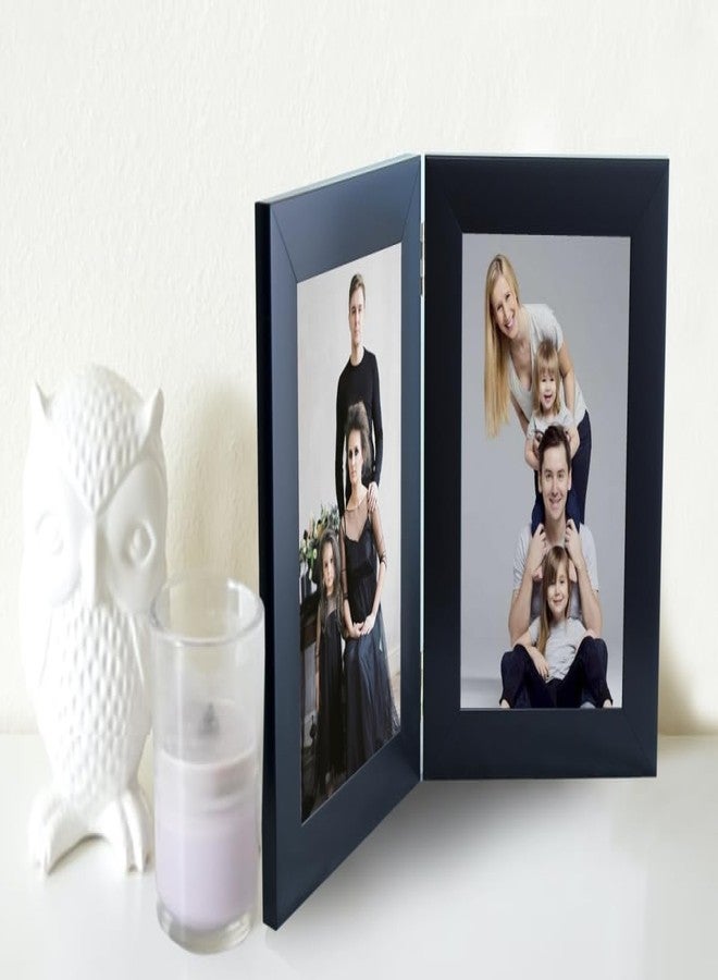 KDM HOME DECOR إطار صور قابل للطي من KDM HOME DECOR، مقاس A5 (6x8 بوصة)، مصنوع من الخشب الصناعي المرن والزجاج (أكريليك)، مع حامل طاولة قابل للطي (يتسع لصورتين مقاس 6x8 بوصة)، لون أسود سادة. - Image 1