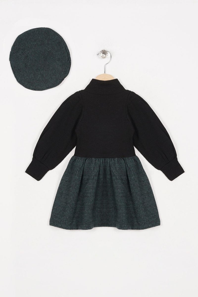Acar Half Turtleneck Long Sleeve Skirt Plaid Button Detailed Teddy Bear Hat Green Color Girl's Dress  - Image 2
