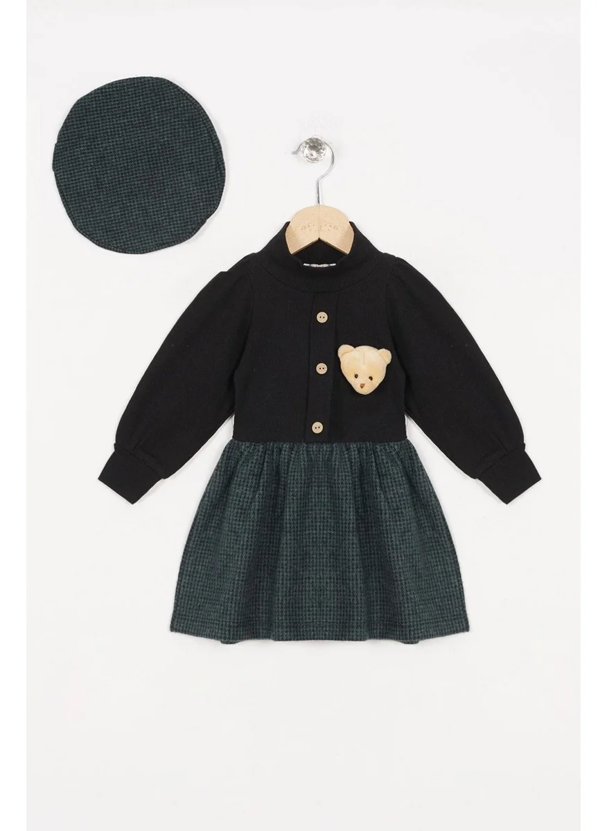 أكار Half Turtleneck Long Sleeve Skirt Plaid Button Detailed Teddy Bear Hat Green Color Girl's Dress