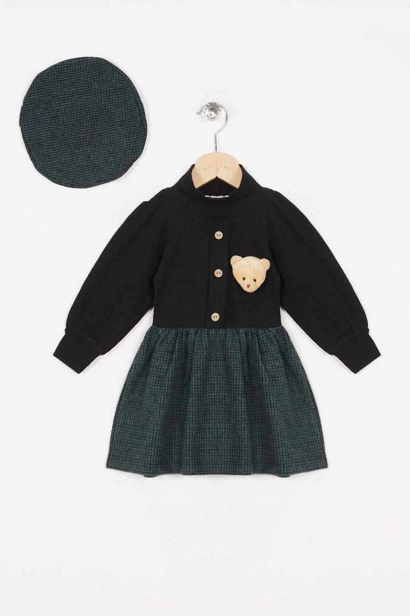 Acar Half Turtleneck Long Sleeve Skirt Plaid Button Detailed Teddy Bear Hat Green Color Girl's Dress  - Image 1