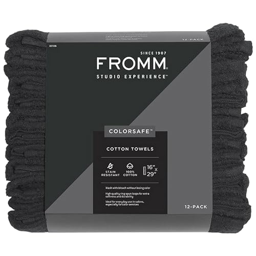 Fromm ColorSafe 100% Cotton Bleach Proof Salon Hair Towels for Hairstylists, Barbers, Spa, Gym in Black, 16" by 29", 12 Count Absorbent Stain Resistant Towels for Drying Curly, Long, Wavy Hair - Image 1