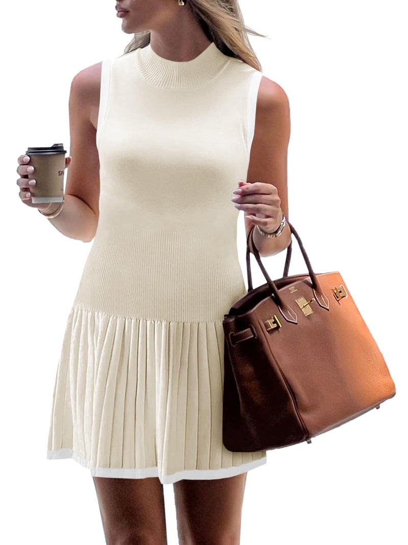 Wenrine Women Sleeveless Pleated Mini Dress Casual Knit Drop Waist Summer Tank Dresses Apricot - Image 1