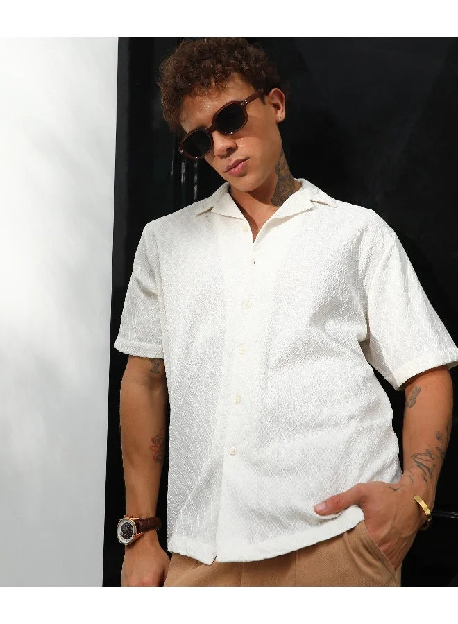 Men's Powder White Rhombus-Texture Oversized Shirt