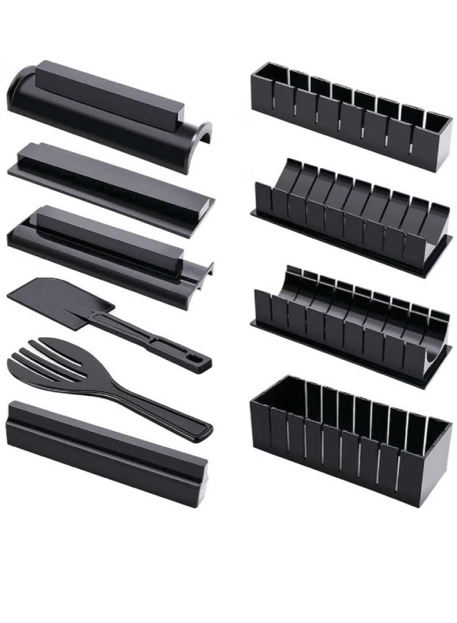 AROAQ Sushi Making Kit for Beginners – 10-Piece DIY Sushi Maker Set with 8 Rice Roll Molds, Fork, and Spatula – Easy Home Sushi Tool, Plastic, Black - Image 1