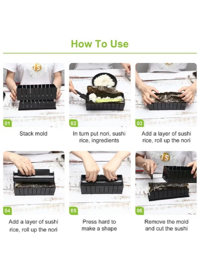 AROAQ Sushi Making Kit for Beginners – 10-Piece DIY Sushi Maker Set with 8 Rice Roll Molds, Fork, and Spatula – Easy Home Sushi Tool, Plastic, Black - Image 3