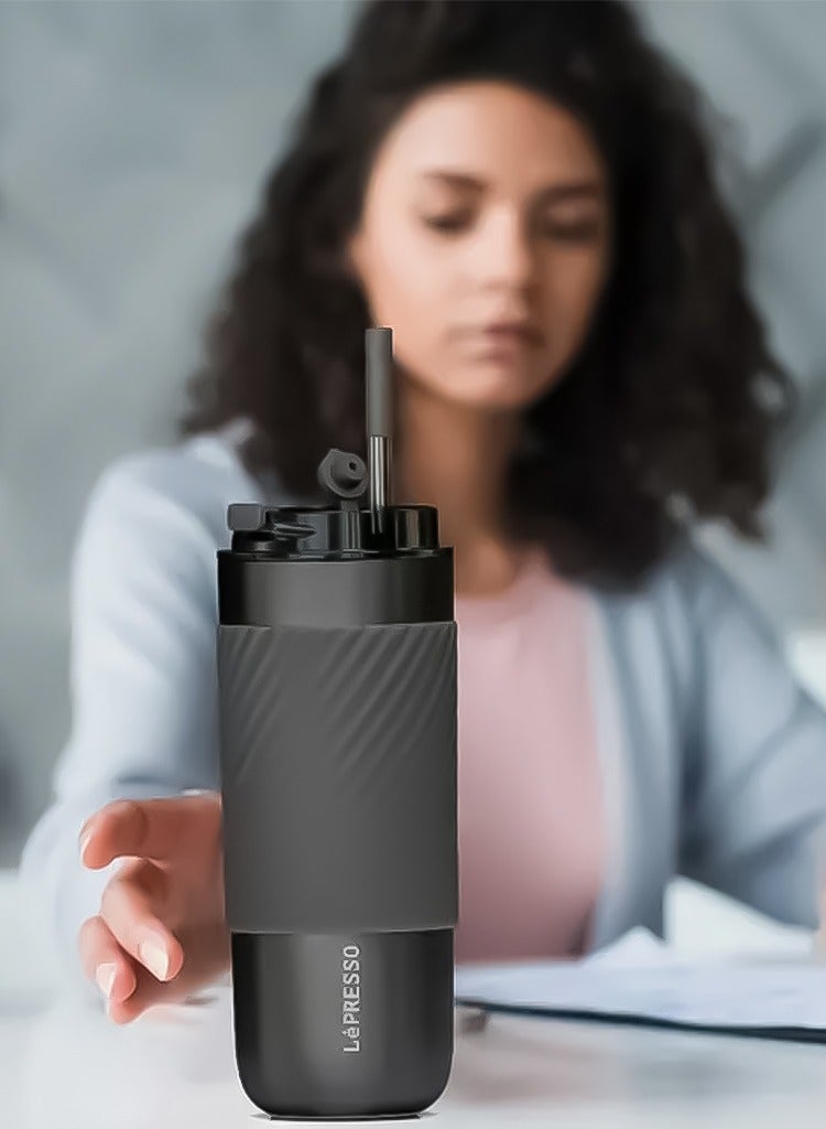 LePRESSO Thermal Tumbler with Infusion Filter, 520ML Capacity and Reuseable Straw, Lepresso Coffee Mug - Grey  - Image 2