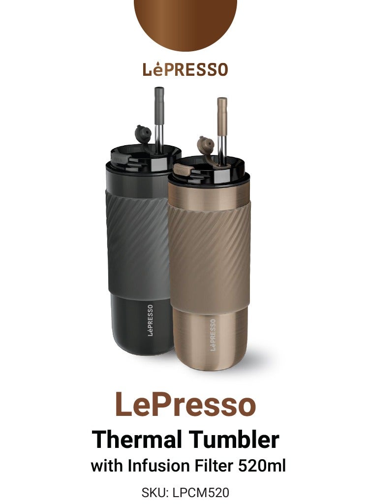 LePRESSO Thermal Tumbler with Infusion Filter, 520ML Capacity and Reuseable Straw, Lepresso Coffee Mug - Grey  - Image 3