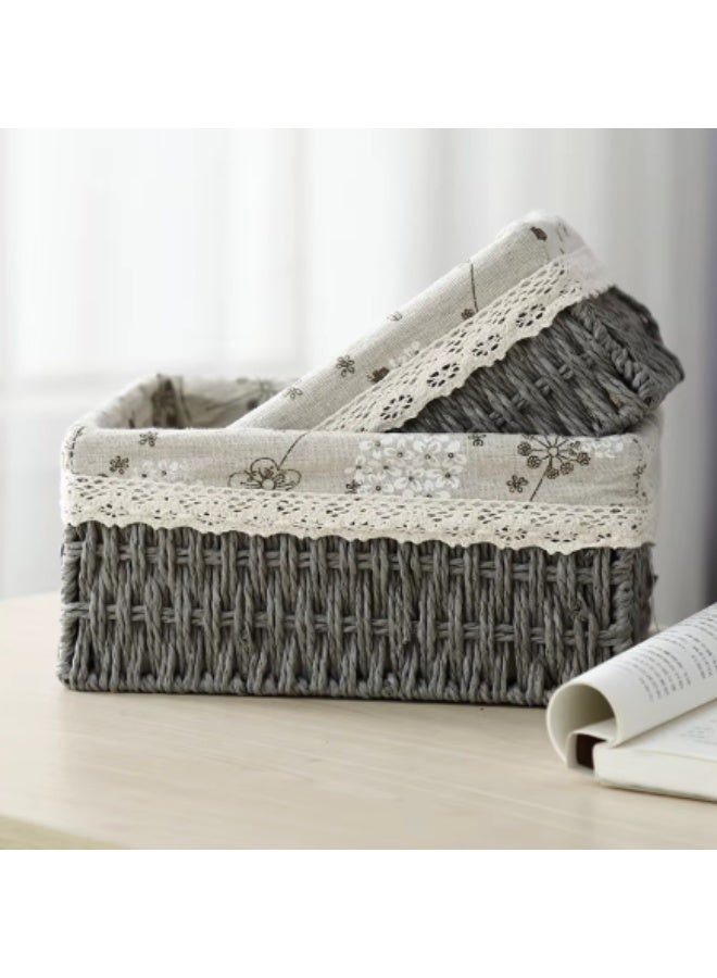 Two-piece woven straw basket set with fabric lining - stylish rustic design - Image 1