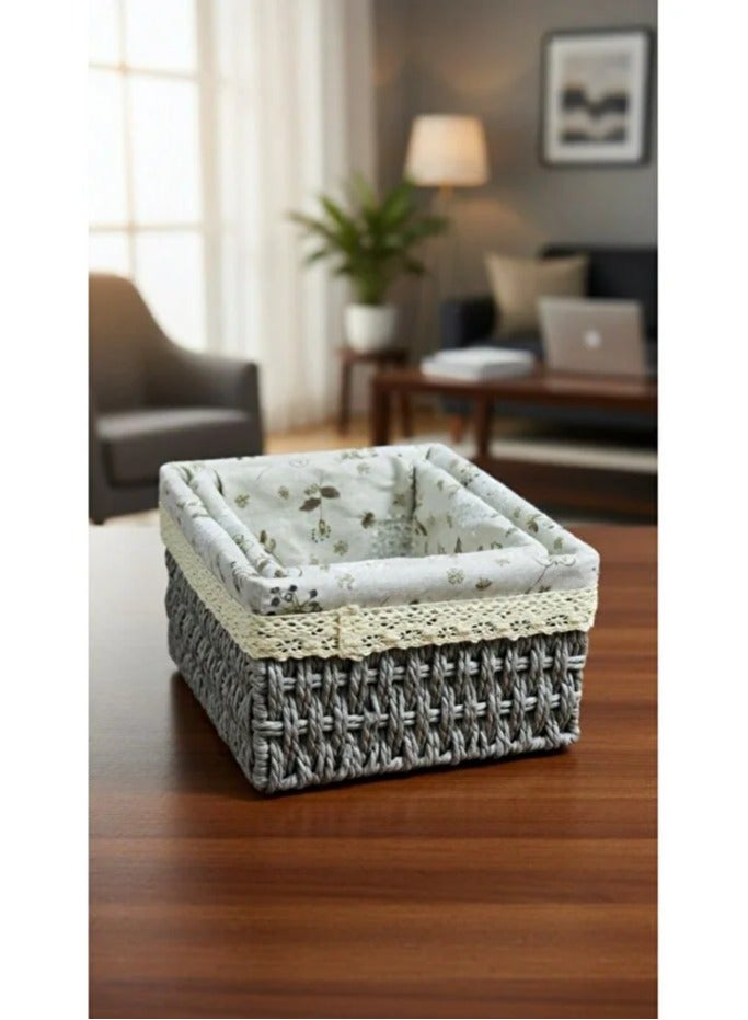 Two-piece woven straw basket set with fabric lining - stylish rustic design - Image 2