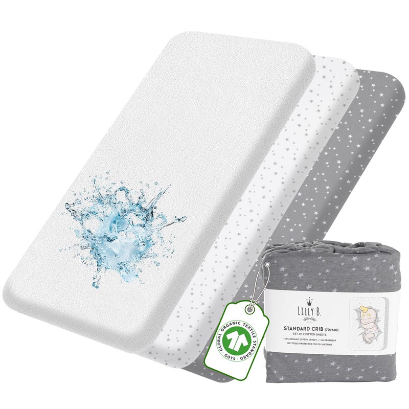Megainvo Lilly B. Organic GOTS cert. Set of 2 Cot Bed Sheets 140 x 70 Fitted + 1 Waterproof Mattress Protector 100% Organic Cotton Jersey Next to Me Crib Sheets for Toddlers & Babies, Unisex Patterns - Image 1