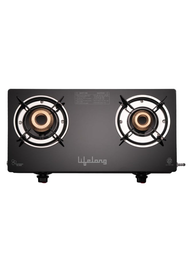 Lifelong 2 Burner Gas Stove Top for Kitchen - Brass Burner Manual Ignition Cooktop Modern Glass Stove for Modular Kitchen, ISI Certified & Compatible with LPG - 1 Year Manufacturer's Warranty(LLGS002) - Image 1