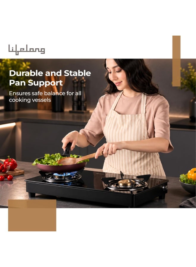 Lifelong 2 Burner Gas Stove Top for Kitchen - Brass Burner Manual Ignition Cooktop Modern Glass Stove for Modular Kitchen, ISI Certified & Compatible with LPG - 1 Year Manufacturer's Warranty(LLGS002) - Image 2