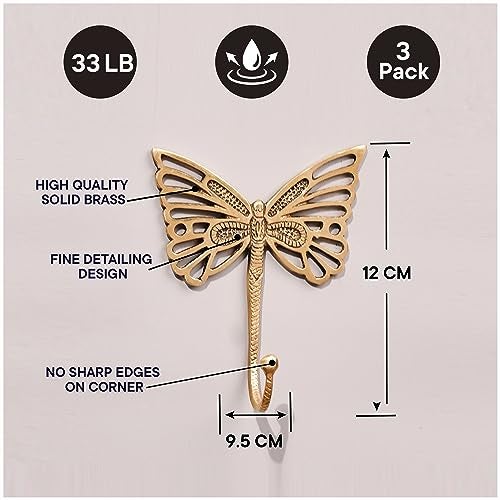 Indian-Shelf Indian Shelf Decorative Brass Butterfly Cute Kids Wall Hooks Heavy Duty Coat Rack Wall Mount Vintage Gold Towel Hooks for Hanging Coats, Keys, Backpack, Purse, Hat, Jewelry & More - 3 Pack - Image 5