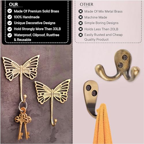 Indian-Shelf Indian Shelf Decorative Brass Butterfly Cute Kids Wall Hooks Heavy Duty Coat Rack Wall Mount Vintage Gold Towel Hooks for Hanging Coats, Keys, Backpack, Purse, Hat, Jewelry & More - 3 Pack - Image 2