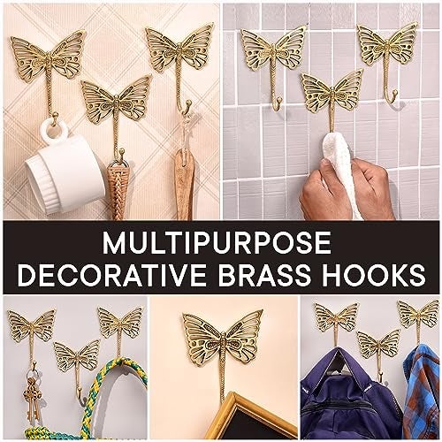 Indian-Shelf Indian Shelf Decorative Brass Butterfly Cute Kids Wall Hooks Heavy Duty Coat Rack Wall Mount Vintage Gold Towel Hooks for Hanging Coats, Keys, Backpack, Purse, Hat, Jewelry & More - 3 Pack - Image 4
