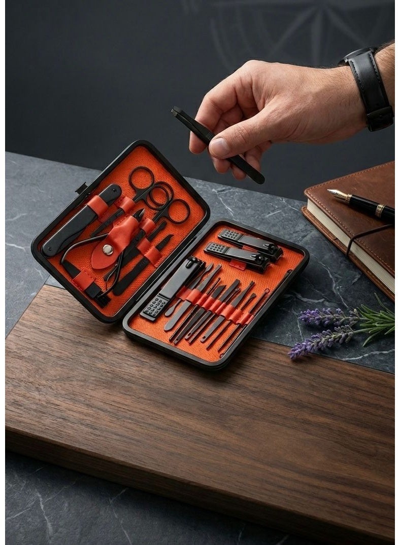 Professional 20-Piece Personal Care Kit , Integrated Nail Grooming Set for Men and Women , Stainless Steel Nail Cutting and Grooming Tools , Premium Personal Care Bag for Travel and Home , Body Grooming Kit , Personal Hygiene Tools , Hair Cutting and Plucking Tools , Nail Care Essentials , Nail Clippers , Manicure Set , Nail Trimmers , Nail Scissors , Nail File , Tweezers , Blackhead Removal Tools , Hair and Nail Scissors , Blackhead Remover Set , Nail Clipper Set , Personal Hair and Nail Care Set , Sharp Matte Black Coated Nail Clippers , 3-in-1 Face, Hand, and Foot Care Kit , Ear Cleaning and Blackhead and Dead Skin Removal Tools , Precision Nail File and Eyebrow Tweezers , Rust-Proof Pedicure Set , Portable and Organized Toiletry Bag , Perfect Gift for Personal Care , Professional Home Pedicure Tools , Modern Black and Orange Comprehensive Care Set , Sharp and Durable Tools for Easy Hand and Foot Nail Grooming. - Image 2