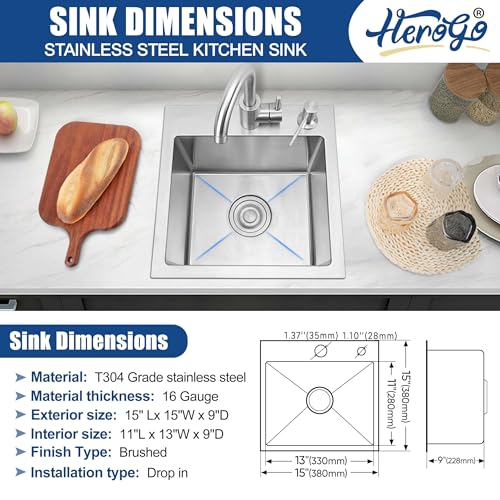 Herogo 15×15 Inch Kitchen Bar Sink, Small Deep Drop In Single Bowl Sink with 16 Gauge Stainless Steel Bottom Grid Drying Rack for RV Laundry Yard Farmhouse Office - Image 2