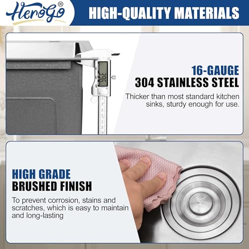 Herogo 15×15 Inch Kitchen Bar Sink, Small Deep Drop In Single Bowl Sink with 16 Gauge Stainless Steel Bottom Grid Drying Rack for RV Laundry Yard Farmhouse Office - Image 4