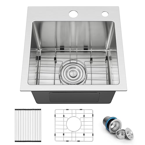 Herogo 15×15 Inch Kitchen Bar Sink, Small Deep Drop In Single Bowl Sink with 16 Gauge Stainless Steel Bottom Grid Drying Rack for RV Laundry Yard Farmhouse Office - Image 1