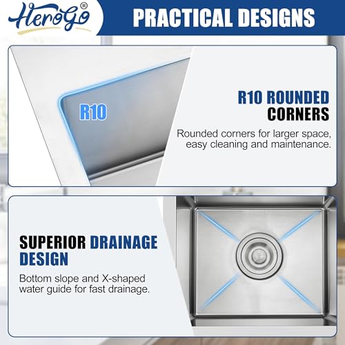 Herogo 15×15 Inch Kitchen Bar Sink, Small Deep Drop In Single Bowl Sink with 16 Gauge Stainless Steel Bottom Grid Drying Rack for RV Laundry Yard Farmhouse Office - Image 5