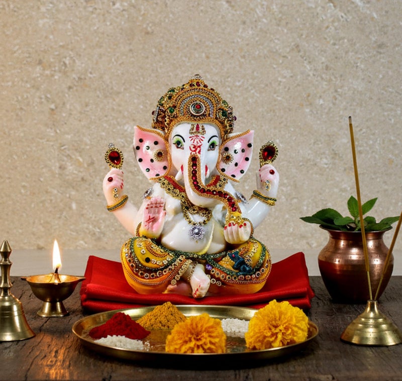 ESPLANADE Resin Ganesha Ganesh Ganapati Murti Idol Statue Sculpture - Multi-Colour - 9" Inches - Image 1