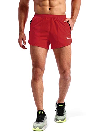Pudolla Men’s Running Shorts 3 Inch Quick Dry Gym Athletic Workout Shorts for Men with Zipper Pockets(Dark Red Large) - Image 2