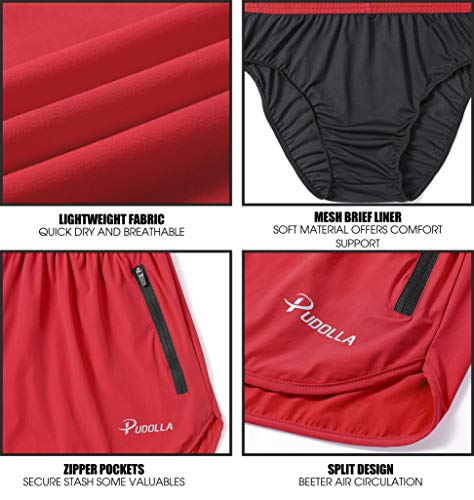 Pudolla Men’s Running Shorts 3 Inch Quick Dry Gym Athletic Workout Shorts for Men with Zipper Pockets(Dark Red Large) - Image 5