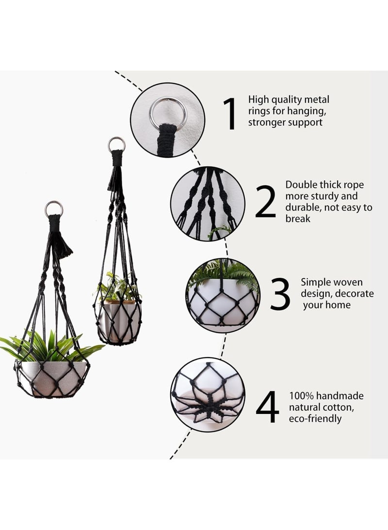 Luckam 2 pcs Macrame Plant Hanger, Indoor Hanging Planter Basket with Wood Beads Boho Style, Durable Cotton Rope Holder for Flower Pot Display, Wall Window Decor for Home Garden Use, Black Macrame - Image 4