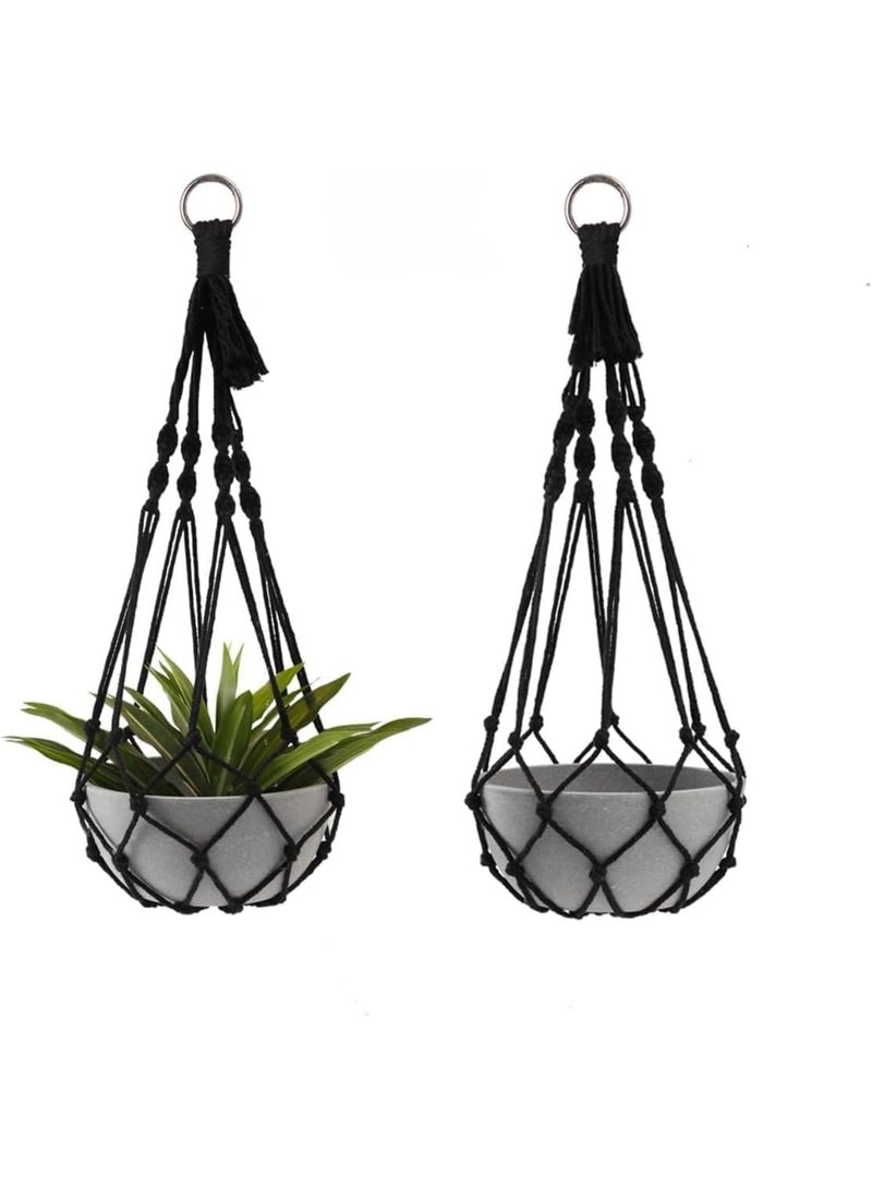 Luckam 2 pcs Macrame Plant Hanger, Indoor Hanging Planter Basket with Wood Beads Boho Style, Durable Cotton Rope Holder for Flower Pot Display, Wall Window Decor for Home Garden Use, Black Macrame - Image 1