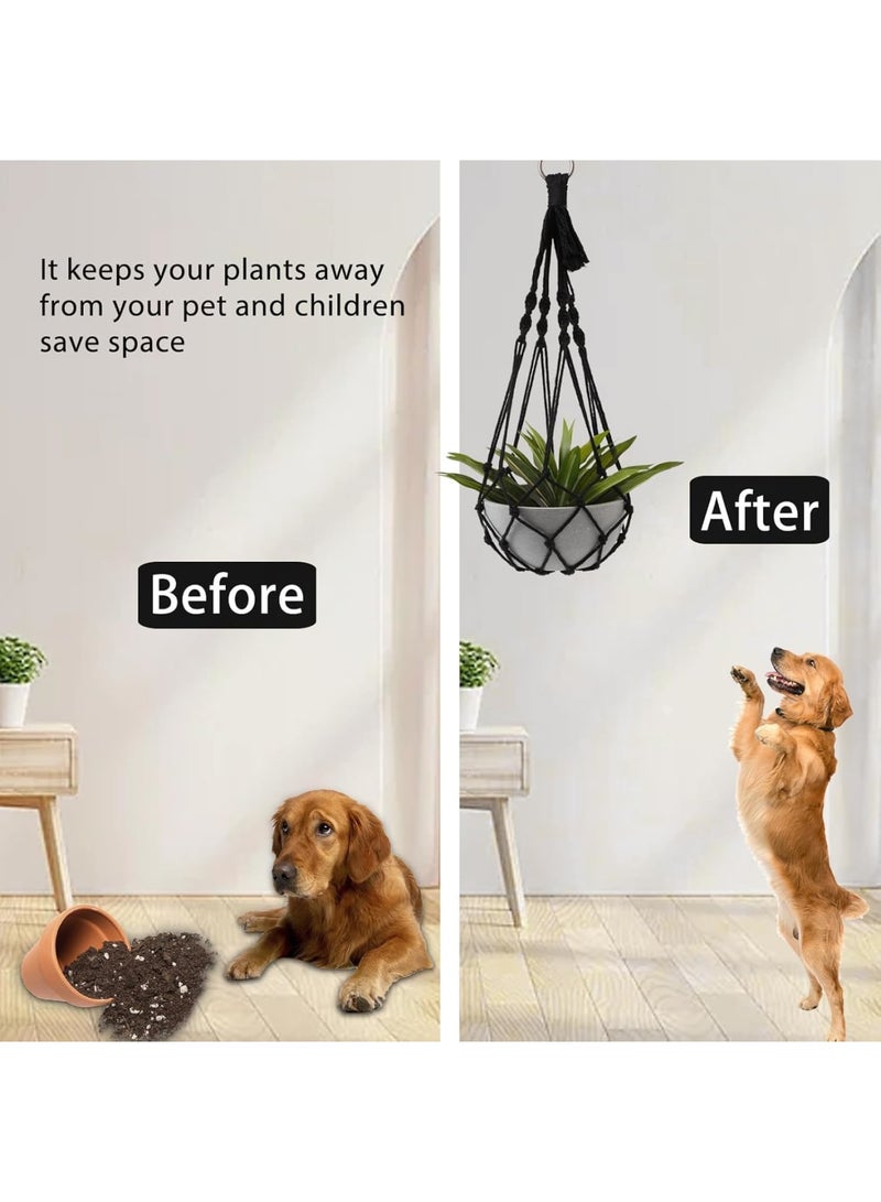 Luckam 2 pcs Macrame Plant Hanger, Indoor Hanging Planter Basket with Wood Beads Boho Style, Durable Cotton Rope Holder for Flower Pot Display, Wall Window Decor for Home Garden Use, Black Macrame - Image 5