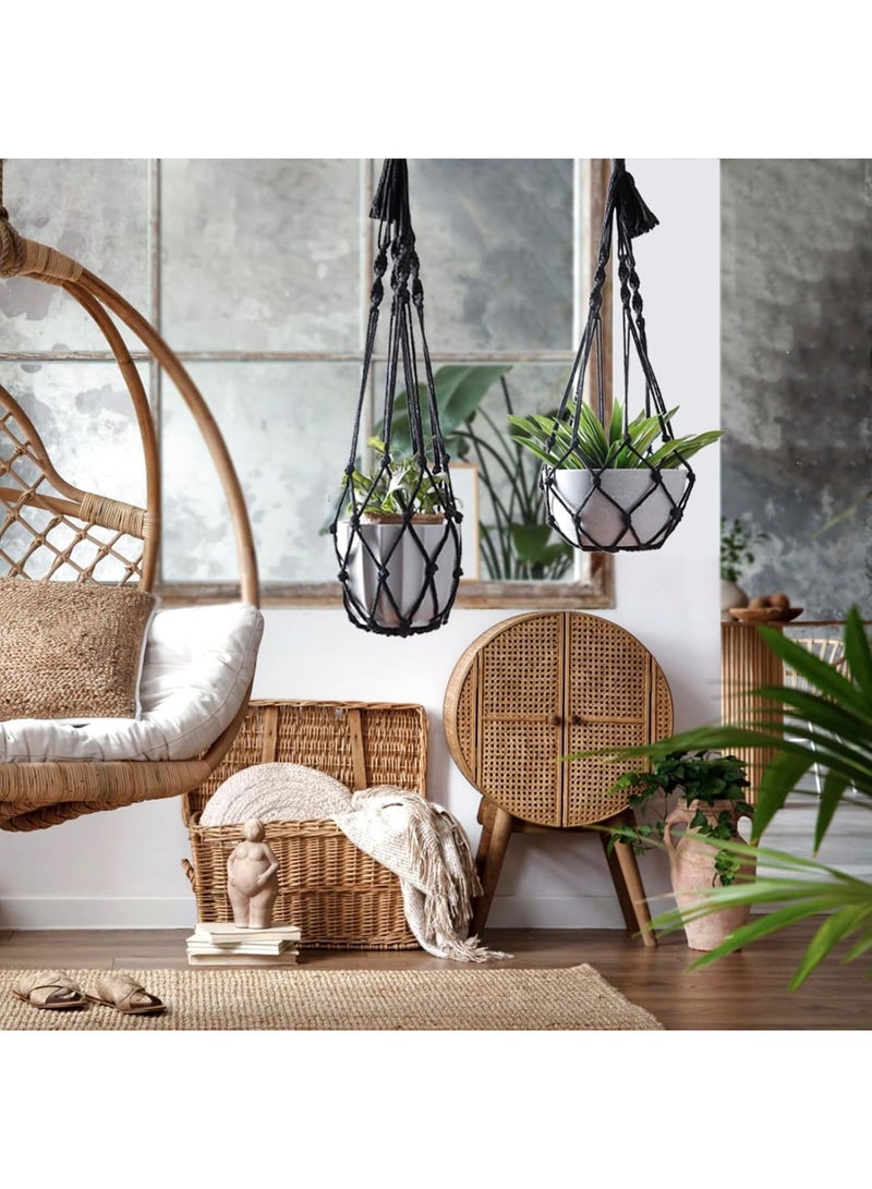 Luckam 2 pcs Macrame Plant Hanger, Indoor Hanging Planter Basket with Wood Beads Boho Style, Durable Cotton Rope Holder for Flower Pot Display, Wall Window Decor for Home Garden Use, Black Macrame - Image 2