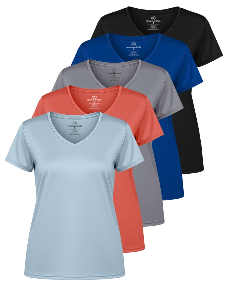 REALESSENTIALS Real Essentials 5 Pack: Women's Dry-Fit Short Sleeve V Neck T Shirt Workout Fitness Yoga Top Tee, Set 10, M - Image 1