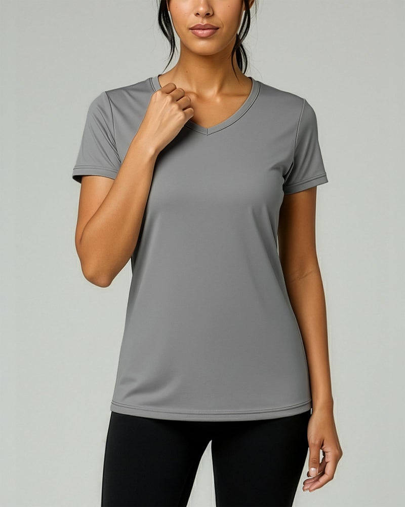 REALESSENTIALS Real Essentials 5 Pack: Women's Dry-Fit Short Sleeve V Neck T Shirt Workout Fitness Yoga Top Tee, Set 10, M - Image 3