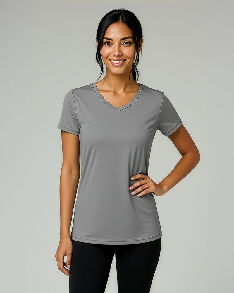 REALESSENTIALS Real Essentials 5 Pack: Women's Dry-Fit Short Sleeve V Neck T Shirt Workout Fitness Yoga Top Tee, Set 10, M - Image 2