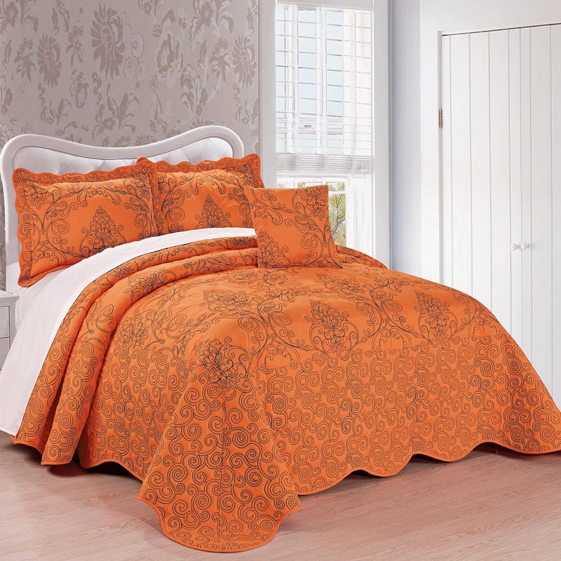 Home Soft Things Damask 4 Piece Bedspread Set Scalloped Edge Reversible Quilt Coverlet Comforter Prewashed Bedding Set Matelasse Embossed Floral Solid PatternNectarine Oversize King120 x 120