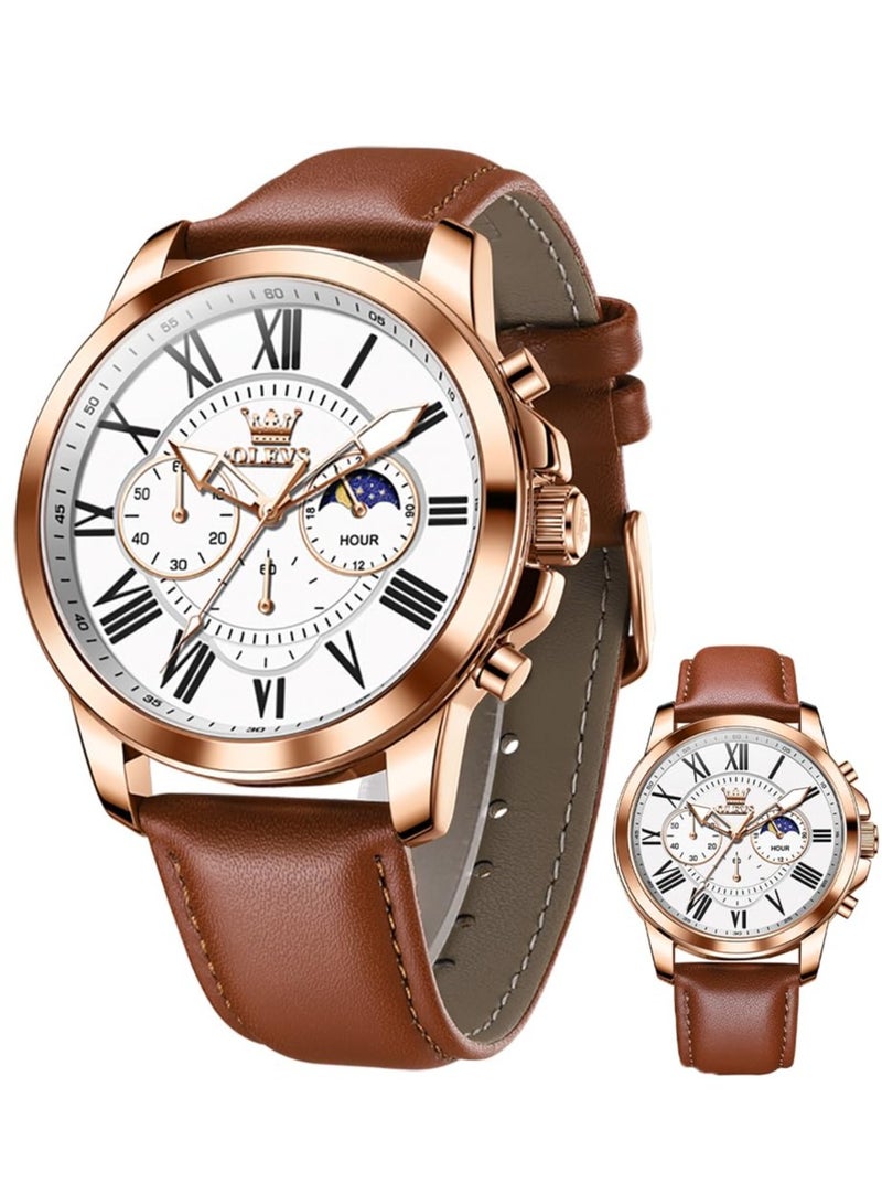 OLEVS Men's Leather Strap Analog Quartz Watch Fashion Large Dial Date Waterproof Formal Luxury Luminous Watch 3632 - Image 1