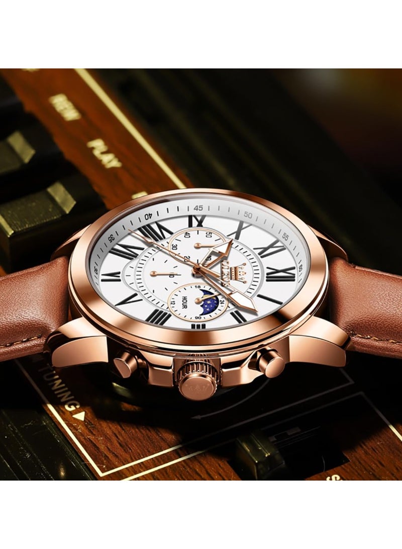 OLEVS Men's Leather Strap Analog Quartz Watch Fashion Large Dial Date Waterproof Formal Luxury Luminous Watch 3632 - Image 3
