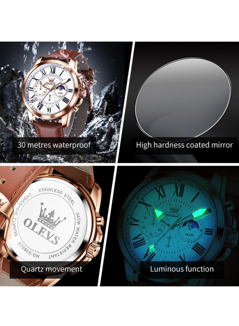 OLEVS Men's Leather Strap Analog Quartz Watch Fashion Large Dial Date Waterproof Formal Luxury Luminous Watch 3632 - Image 4