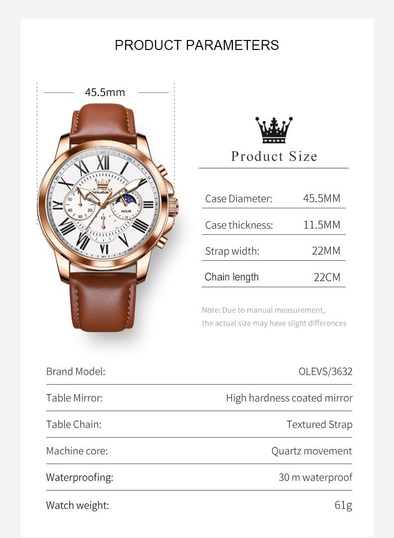 OLEVS Men's Leather Strap Analog Quartz Watch Fashion Large Dial Date Waterproof Formal Luxury Luminous Watch 3632 - Image 5