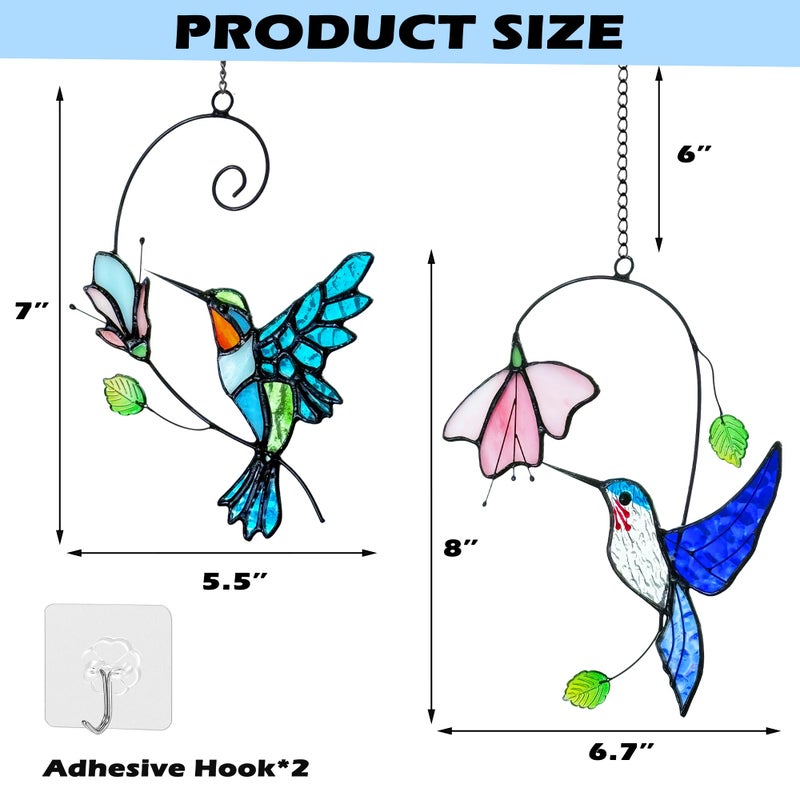 Royxen 2 Packs Hummingbird Stained Glass Window,Stained Glass Window Hanging,Hummingbird Ornament,Handmade Real Suncatchers Decor Gift for Women Mom Grandma Bird Lovers - Image 3