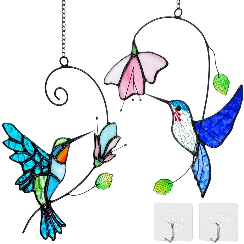 Royxen 2 Packs Hummingbird Stained Glass Window,Stained Glass Window Hanging,Hummingbird Ornament,Handmade Real Suncatchers Decor Gift for Women Mom Grandma Bird Lovers - Image 1