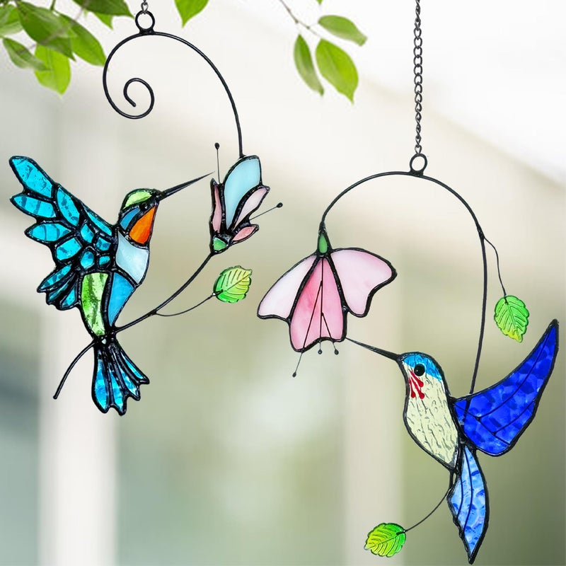Royxen 2 Packs Hummingbird Stained Glass Window,Stained Glass Window Hanging,Hummingbird Ornament,Handmade Real Suncatchers Decor Gift for Women Mom Grandma Bird Lovers - Image 2
