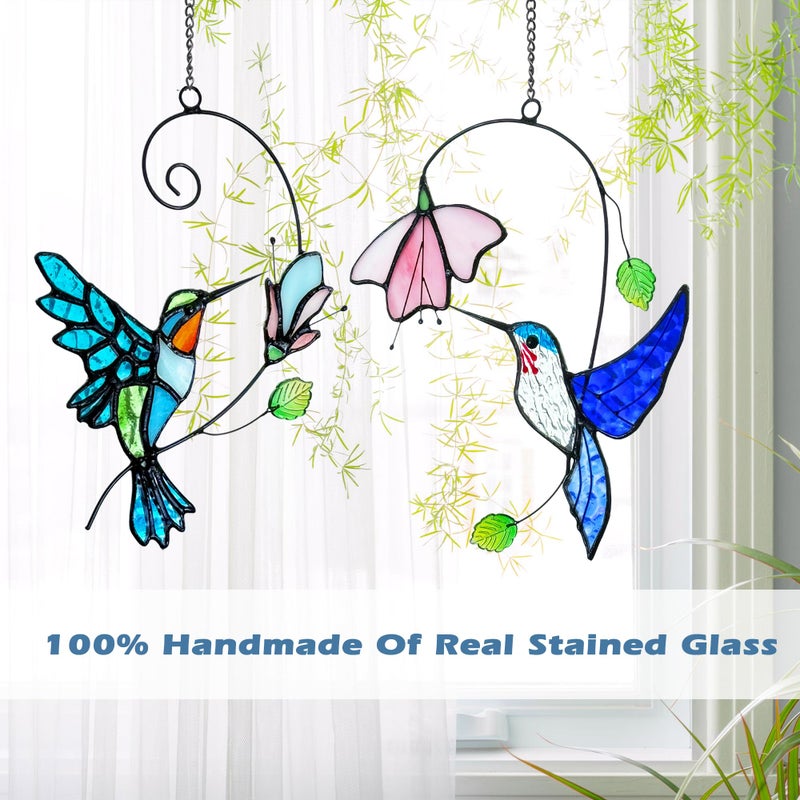 Royxen 2 Packs Hummingbird Stained Glass Window,Stained Glass Window Hanging,Hummingbird Ornament,Handmade Real Suncatchers Decor Gift for Women Mom Grandma Bird Lovers - Image 4